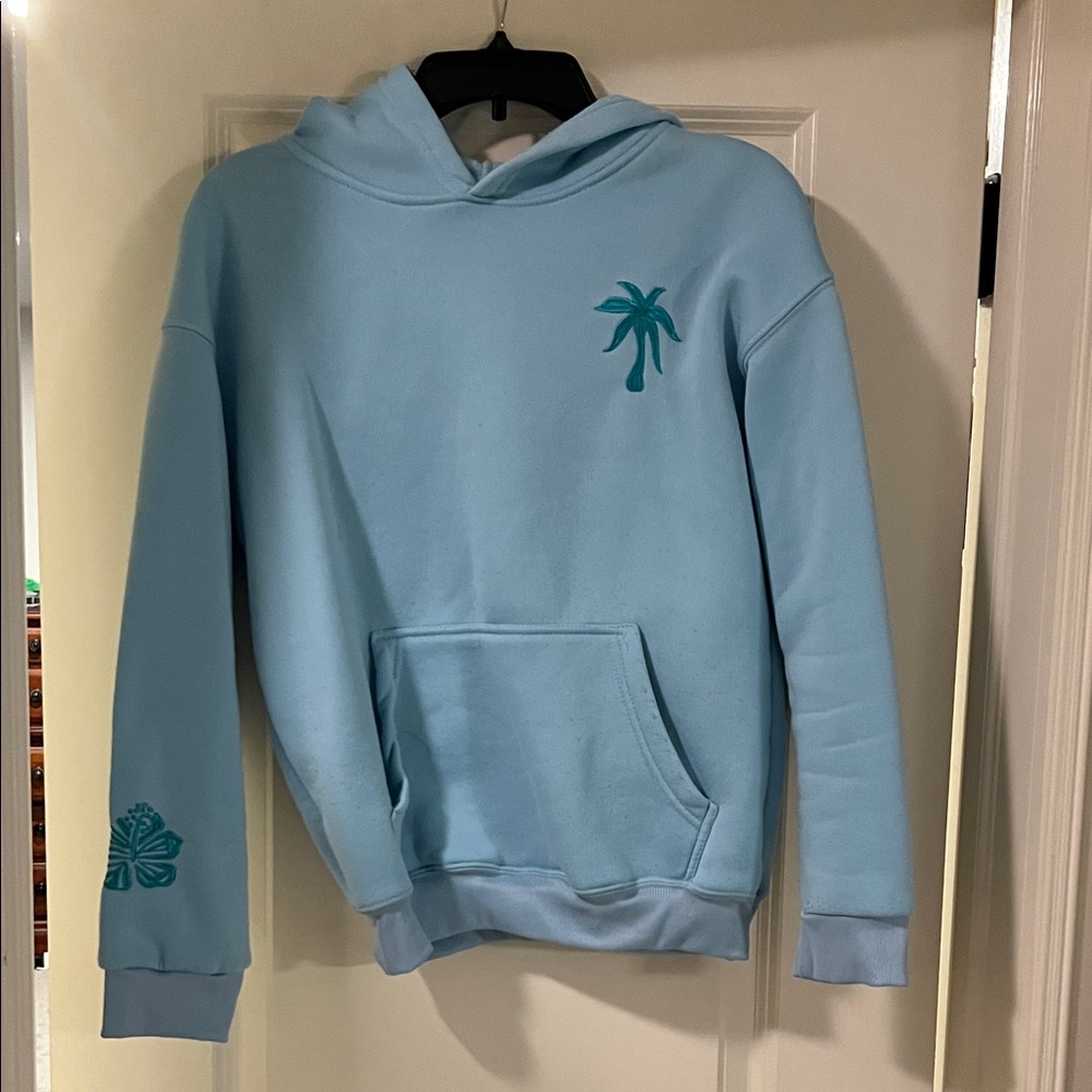 Light Blue Hoodie with Palm Tree Design